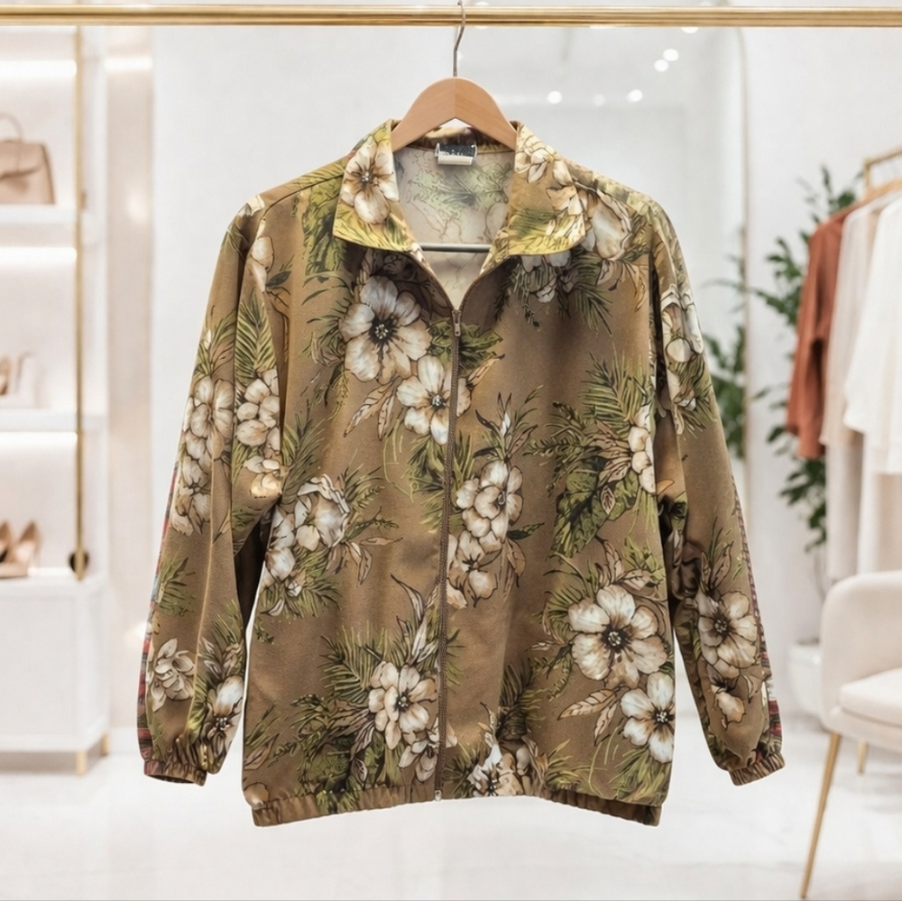 ZIP FRONT FLORAL Jacket in Olive Brown.